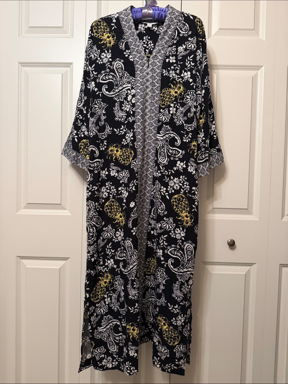 Charter Club Intimates Black Paisley & Pineapple Print Kimono Robe